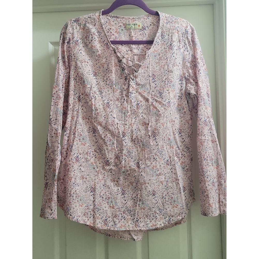 Ruff Hewn Pink Floral Cotton Lace Up V-Neck Blouse Top Womens Size Medium